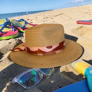 Boho Western Straw Rancher Hat Wide Brim Cow Print Band Cowrie Shell Sun Hat